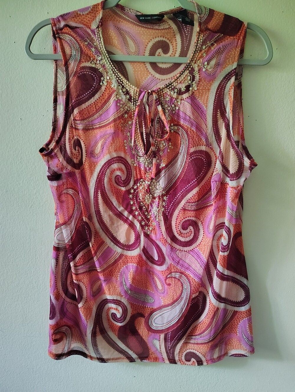 Vintage NY&Co Pink Sheer Top Large Beaded Boho   Y2K Retro Paisley Sleeveless